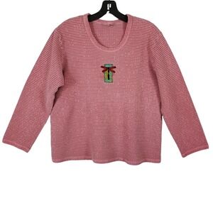 Focus Womens Pink Waffle Knit Cotton Dragonfly Embroidered Top Large Long Sleeve